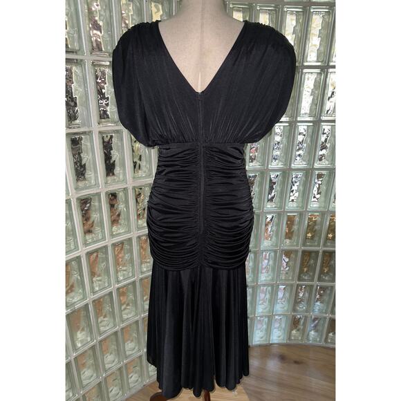 VTG Filigree Black Body Con Rouched Long Dress Lace Cap Sleeve Ruched - size 8 - Picture 3 of 12